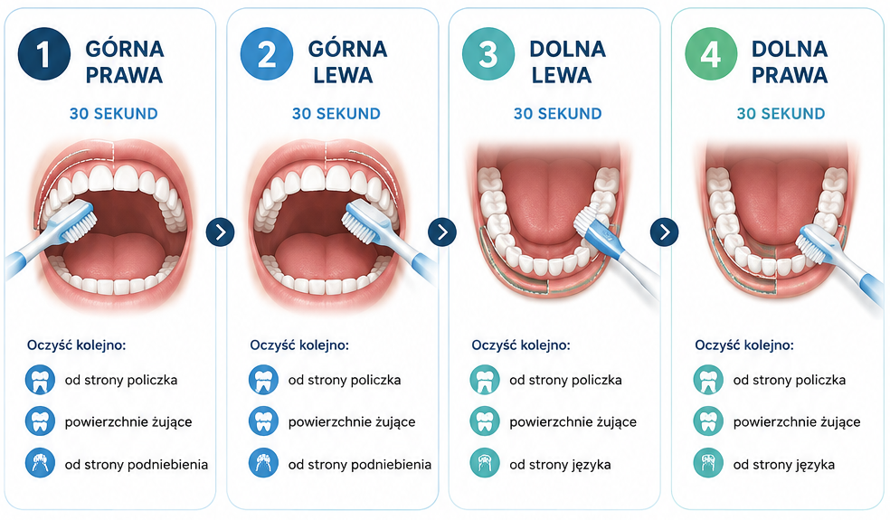 Cztery ćwiartki jamy ustnej (górna prawa, górna lewa, dolna lewa i dolna prawa) z zaznaczonymi powierzchniami do oczyszczenia w każdej z nich: od strony policzka, powierzchnie żujące oraz od strony podniebienia lub języka